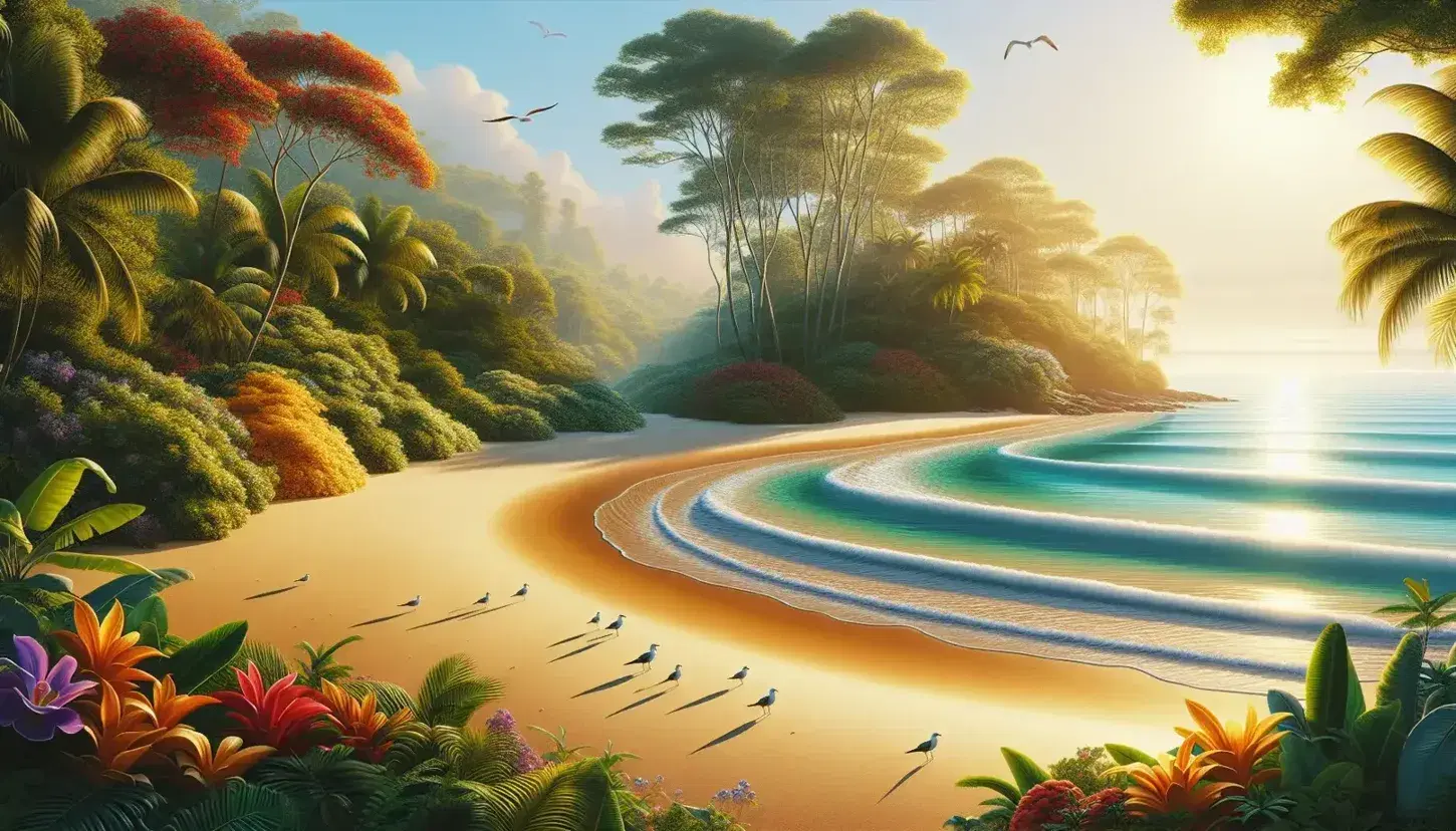 Serene coastal landscape with golden sandy beach, calm azure sea, scattered seagulls, tropical greenery with colorful flowers, and a clear blue sky.