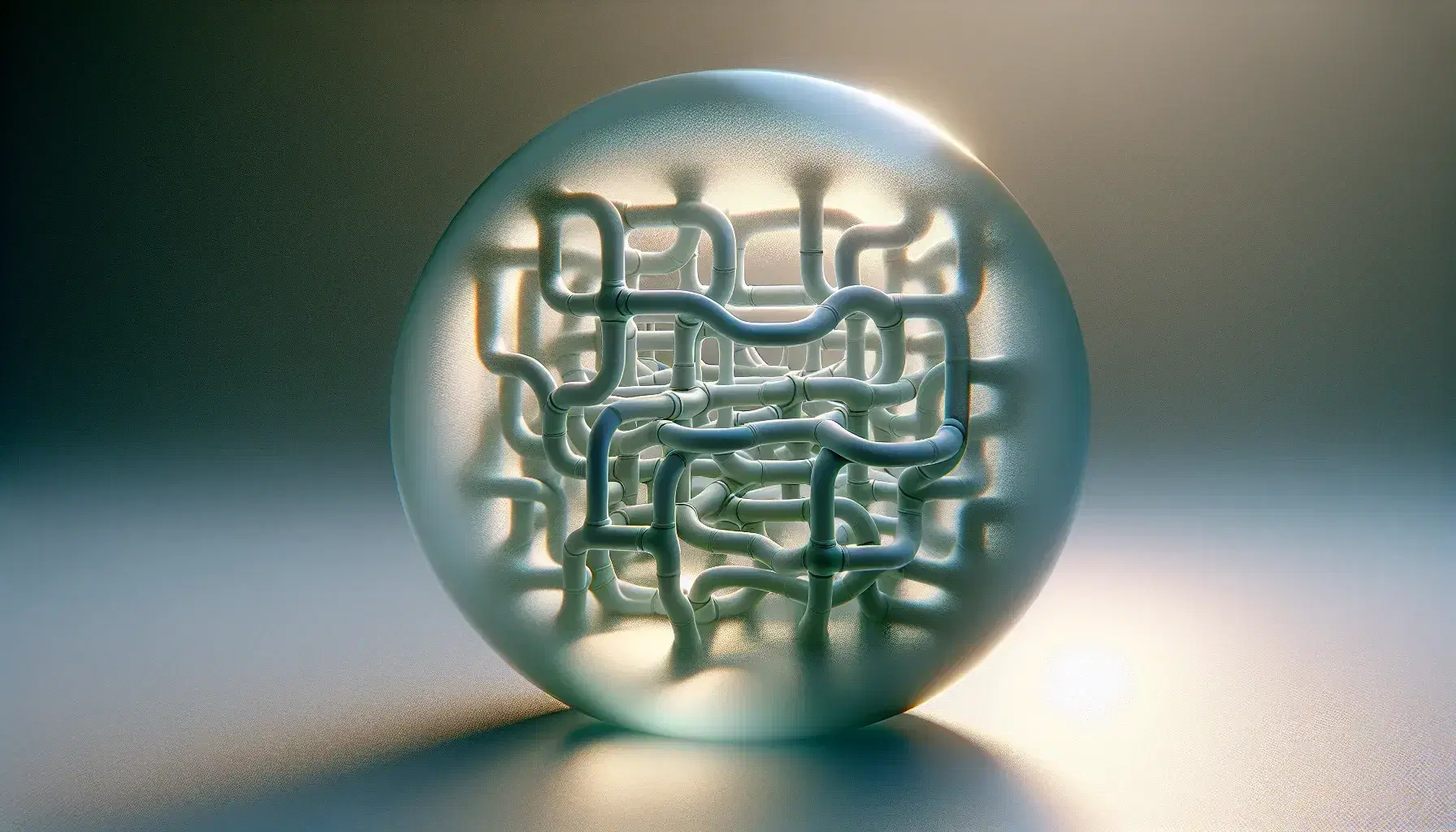 Close-up view of a frosted glass surface with an intricate network of reflective, entangled tubes inside, set against a soft blue-green backdrop.