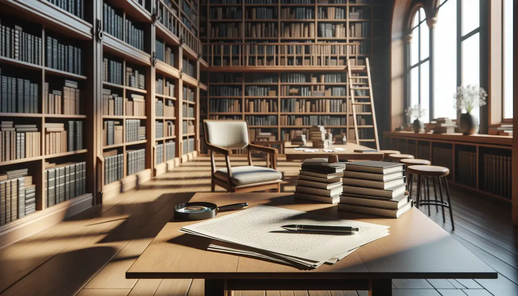 Biblioteca acogedora con estanterías de madera oscura llenas de libros, mesa con papeles y lupa, silla con cojín beige y luz natural.