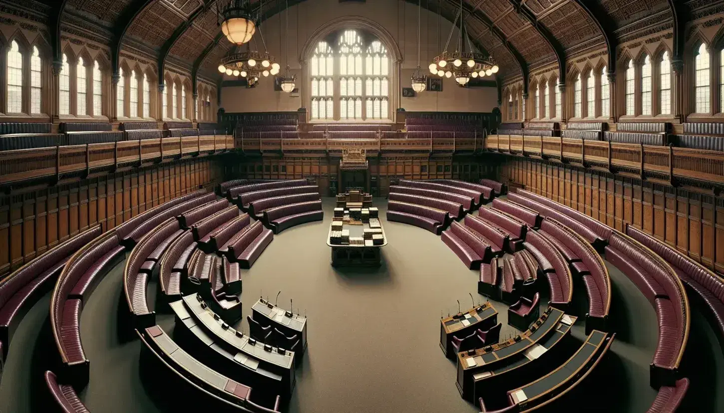 Historic parliamentary chamber with semi-circular burgundy seats, central aisle, wooden podium, arched windows, and detailed ceiling.
