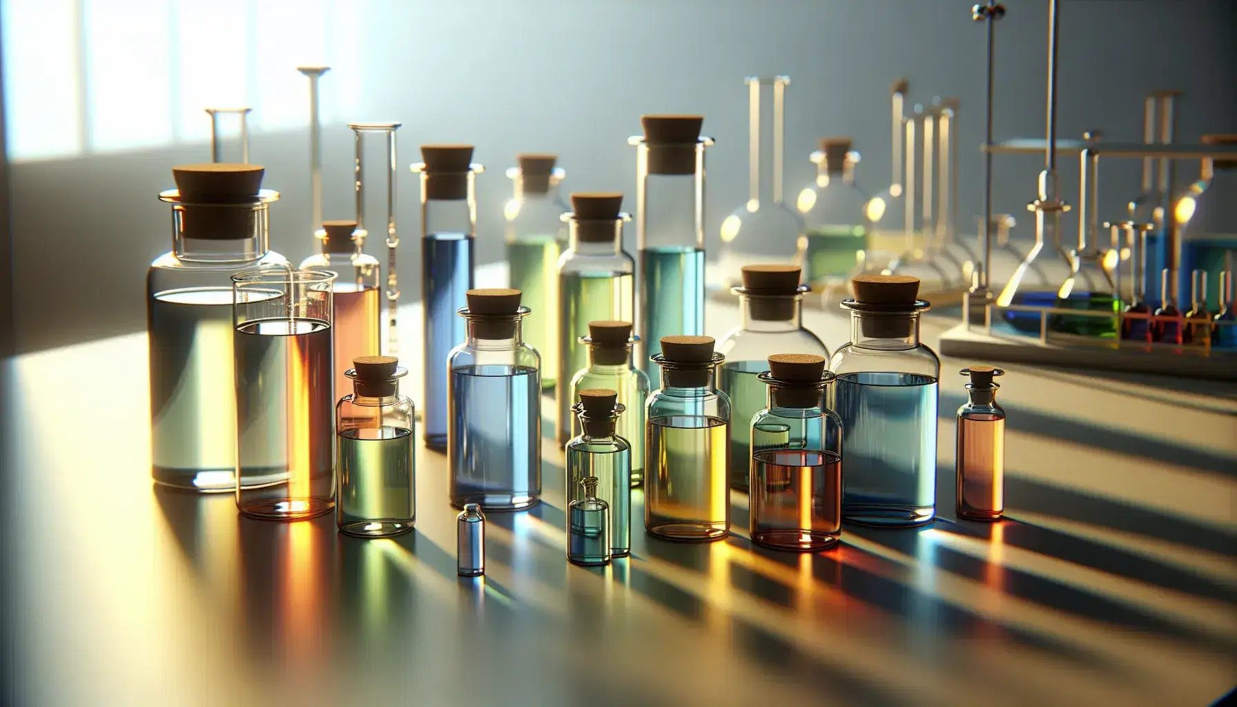 Frascos de vidrio transparente con líquidos de colores variados en tonos de amarillo, verde, rojo y azul, dispuestos en una mesa de laboratorio con instrumentos al fondo.
