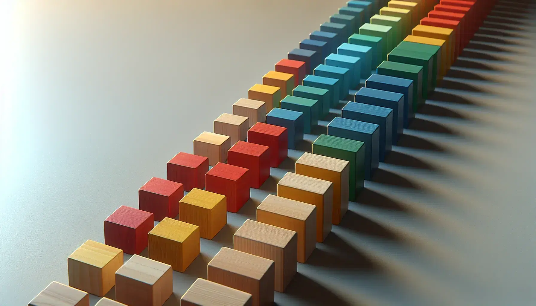 Colorful wooden blocks lined up on a matte surface, with soft shadows, create a three-dimensional and sequential effect.