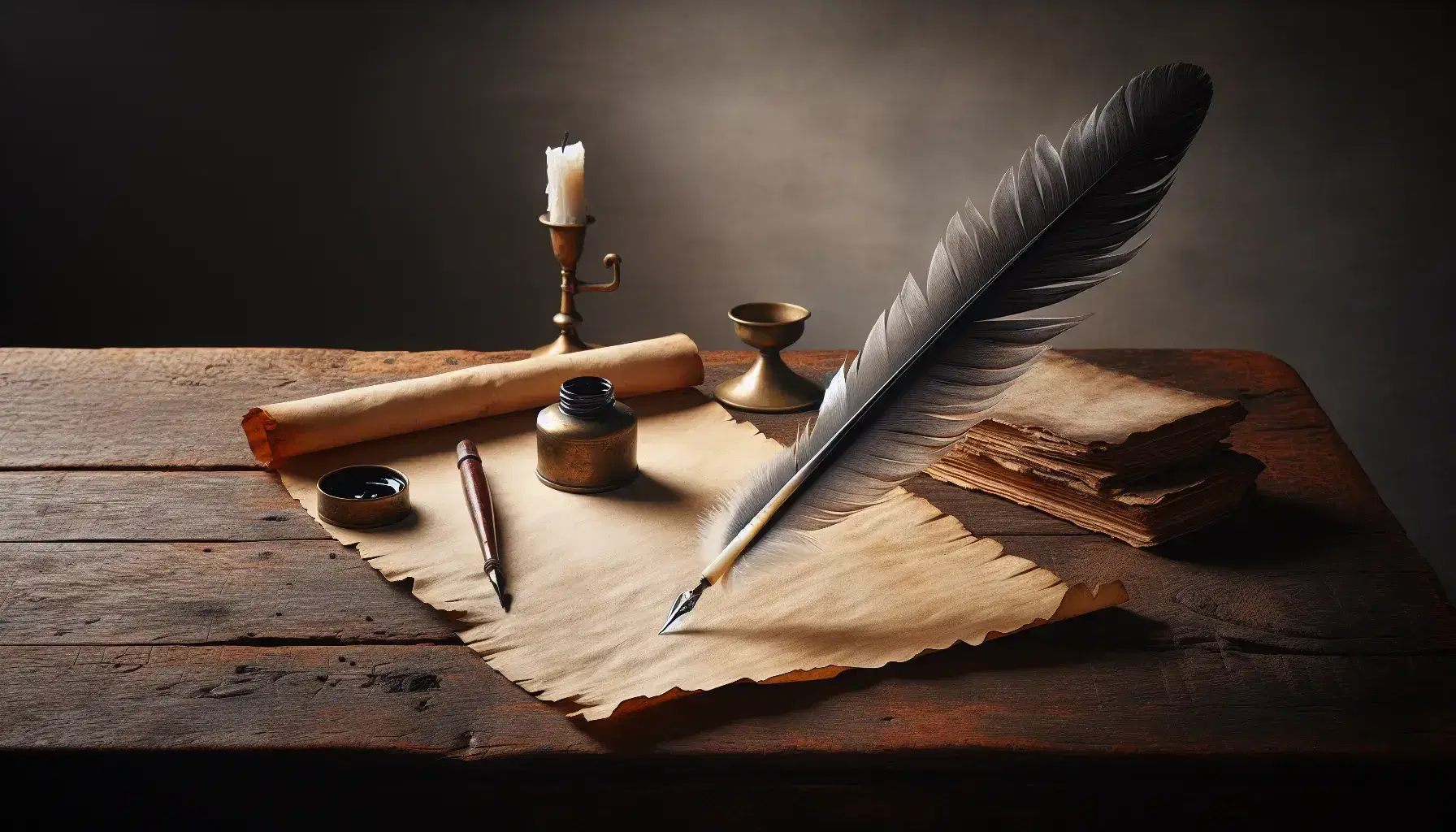 Quill pen on aged parchment with curled edges, beside a brass inkwell and unlit candle on a worn wooden table, evoking a historical writing scene.