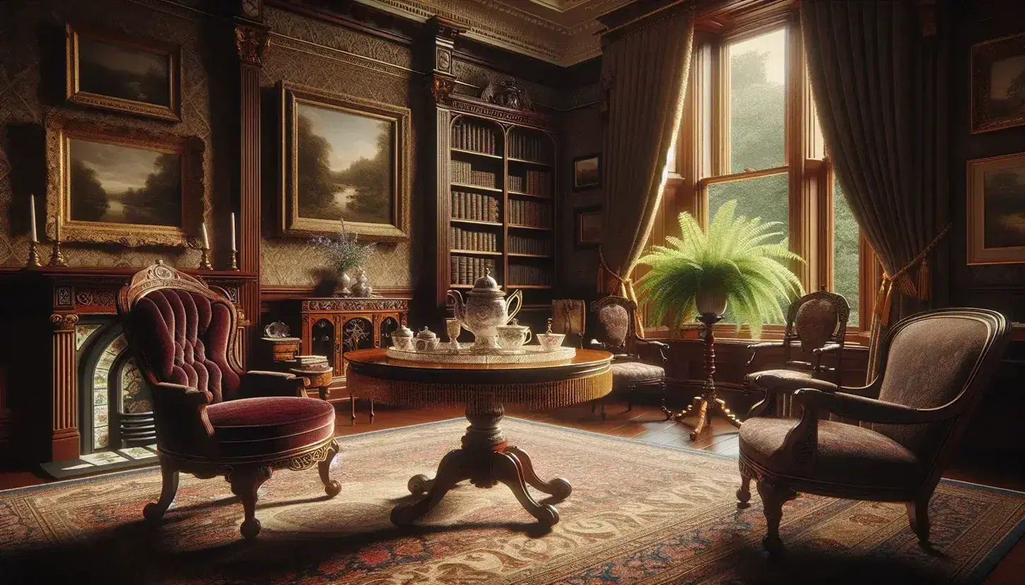Victorian drawing room with mahogany table, red velvet armchair, bay window with heavy drapes, bookshelf with leather-bound books, and framed oil paintings.