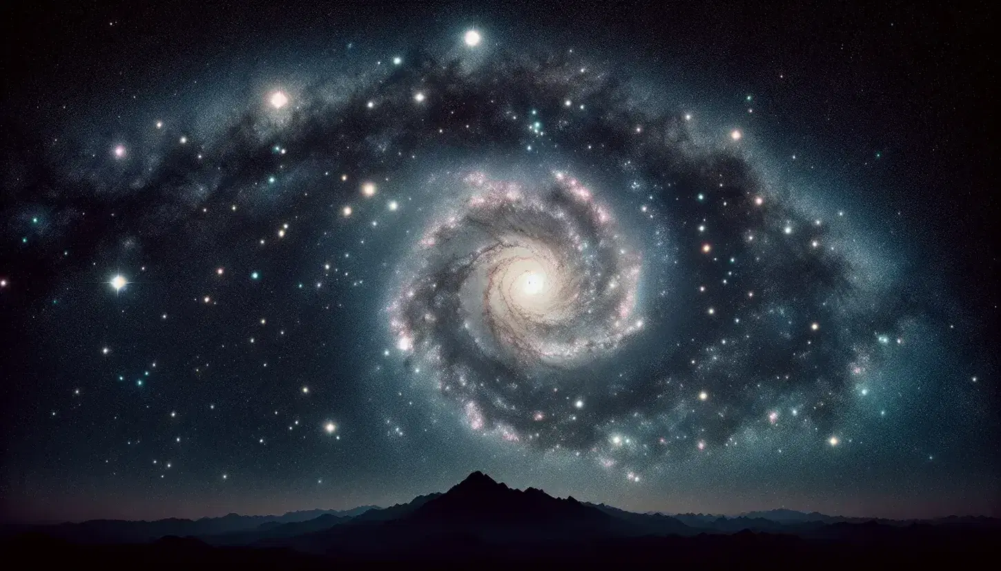 Cielo nocturno estrellado con galaxia espiral central en tonos blancos, azules y morados y silueta de montaña en primer plano.