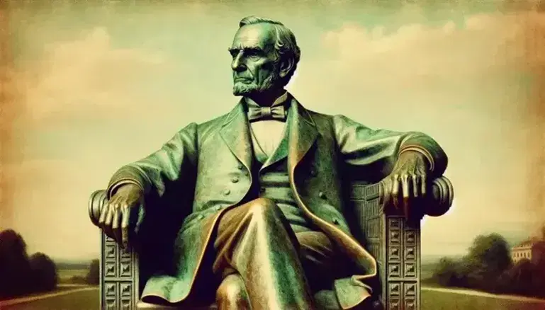 Aged bronze statue of a well-known statesman seated, wearing a bow tie and thoughtful pose, in a park at dusk, with evident green patina.