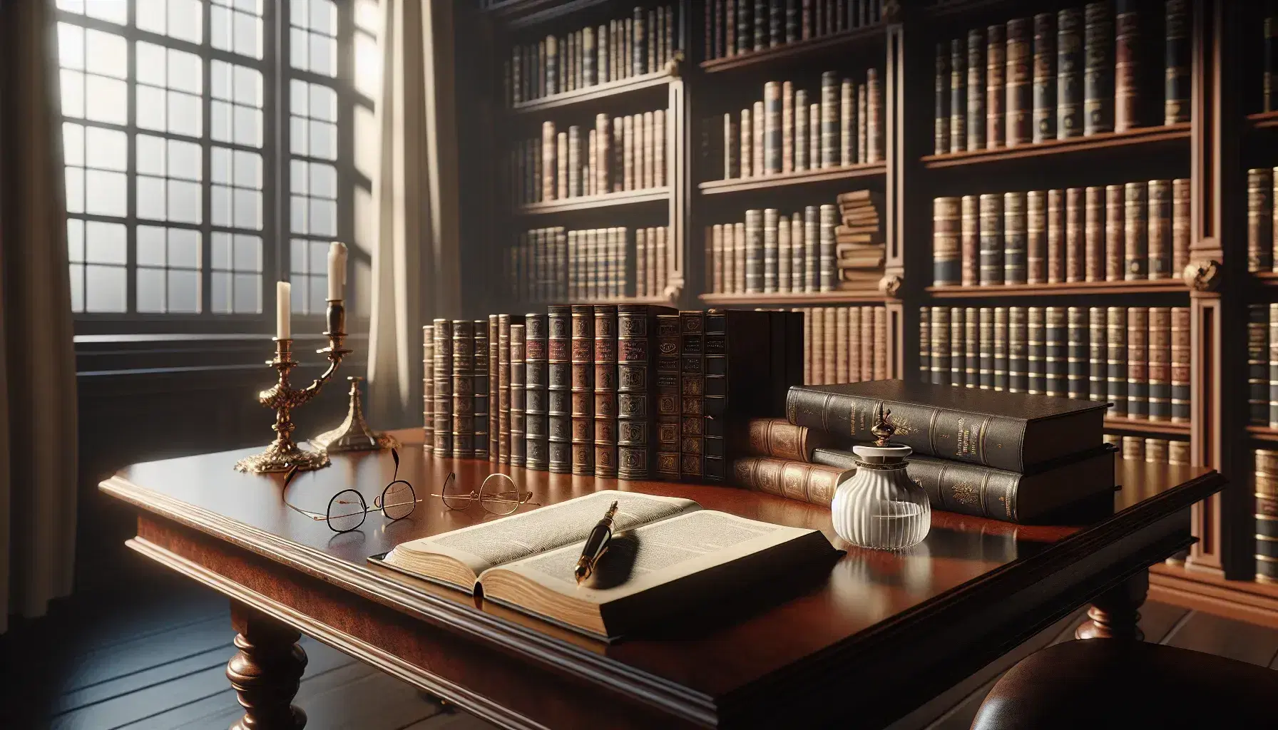 Biblioteca clásica con estanterías de madera oscura llenas de libros, mesa antigua con diccionario abierto, gafas y tintero con pluma.