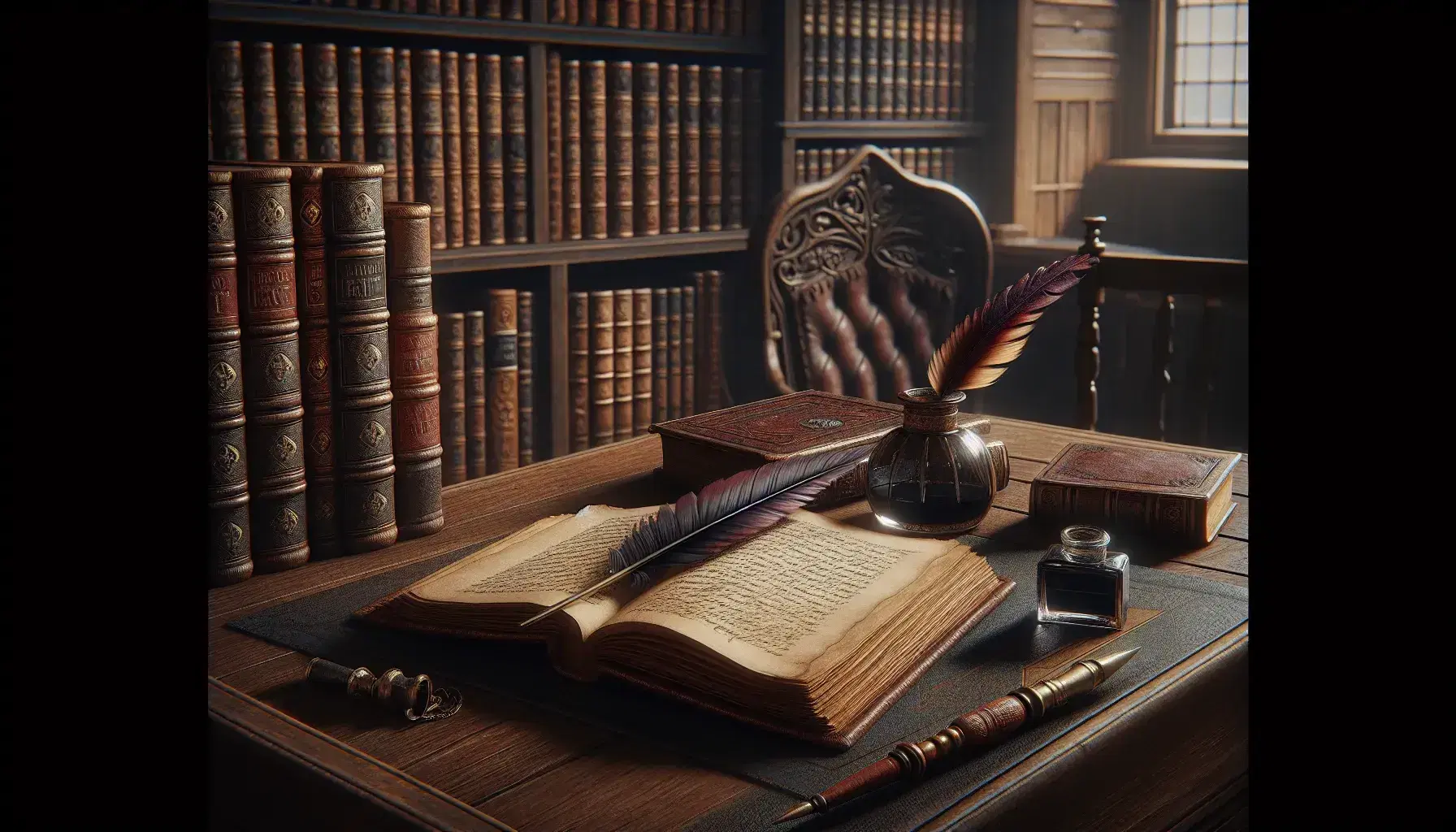 Vintage study with leather-bound book open on a wooden desk, quill pen and inkwell beside, surrounded by bookshelves in a softly lit room.
