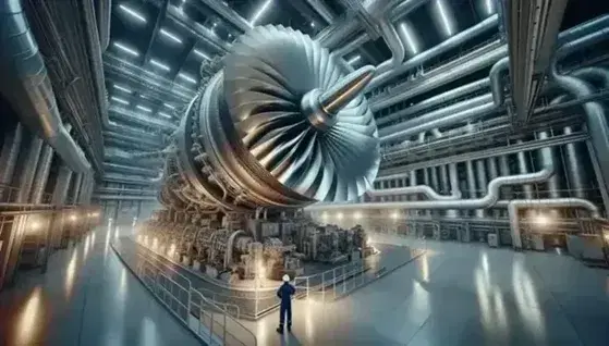 Turbina de vapor de gran tamaño en planta de generación eléctrica con técnico revisando, rodeada de tuberías de acero y aislamiento blanco, bajo iluminación fluorescente.