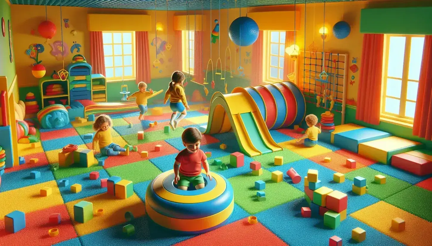 Bambini in età prescolare impegnati in attività motorie in una sala di psicomotricità colorata, con giochi, palloni e blocchi schiumati.