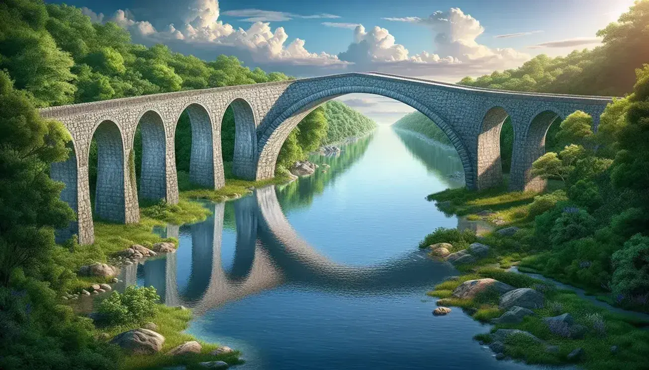 Ponte ad arco in pietra grigia che attraversa un fiume dalle acque calme e azzurro-verdi, circondato da alberi verdi e cielo blu con nuvole sparse.