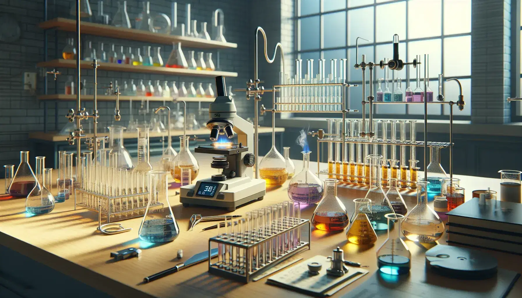 Laboratorio di chimica organica con tavolo di lavoro, provette, becher su pinze metalliche, cilindri graduati colorati, microscopio e bilancia analitica.