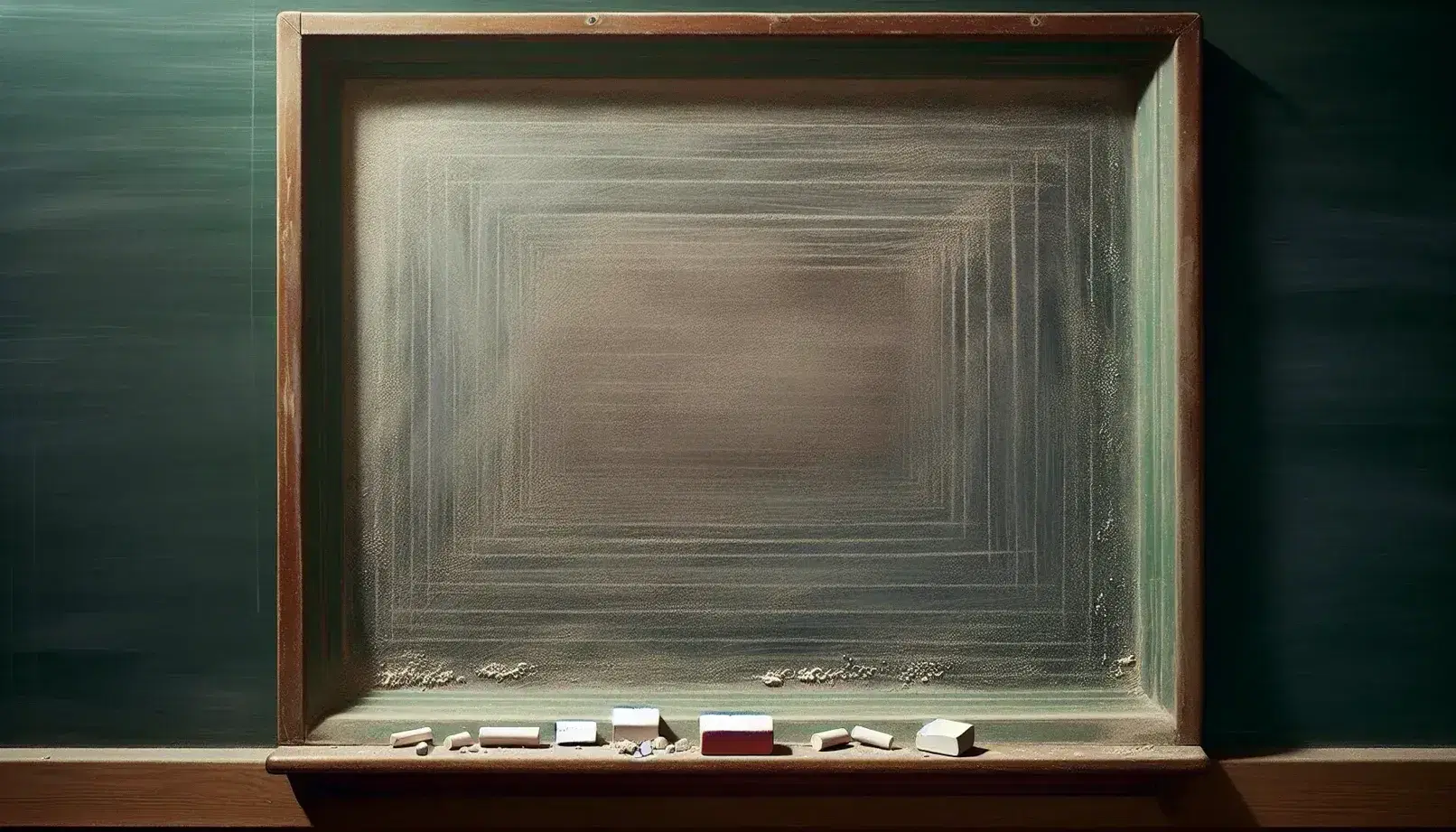 Close-up view of a well-used blackboard with a clean erased area, white chalk, and a red eraser with white streaks on the lower ledge.