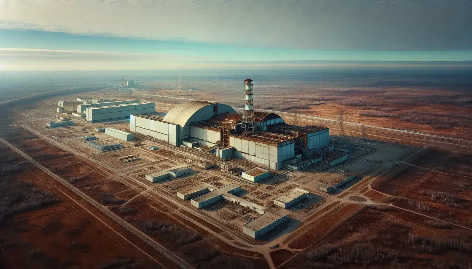 Vista aerea della centrale nucleare di Chernobyl con il sarcofago di contenimento grigio che copre il reattore danneggiato, circondato da terreno parzialmente vegetato.