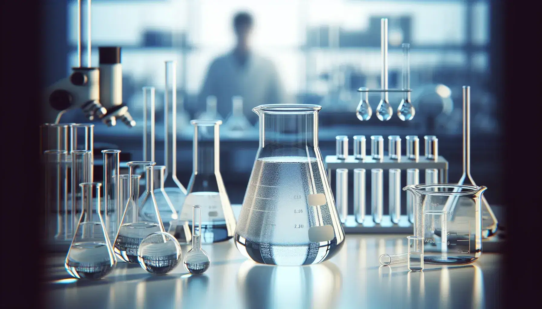 Glass beaker with transparent liquid in the foreground, laboratory equipment and blurry figure of scientist in the background in aseptic environment.