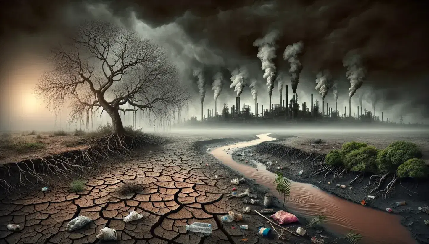 Paisaje natural en declive con suelo agrietado, árbol sin hojas, río contaminado con residuos y fábrica emitiendo humo en un cielo gris.