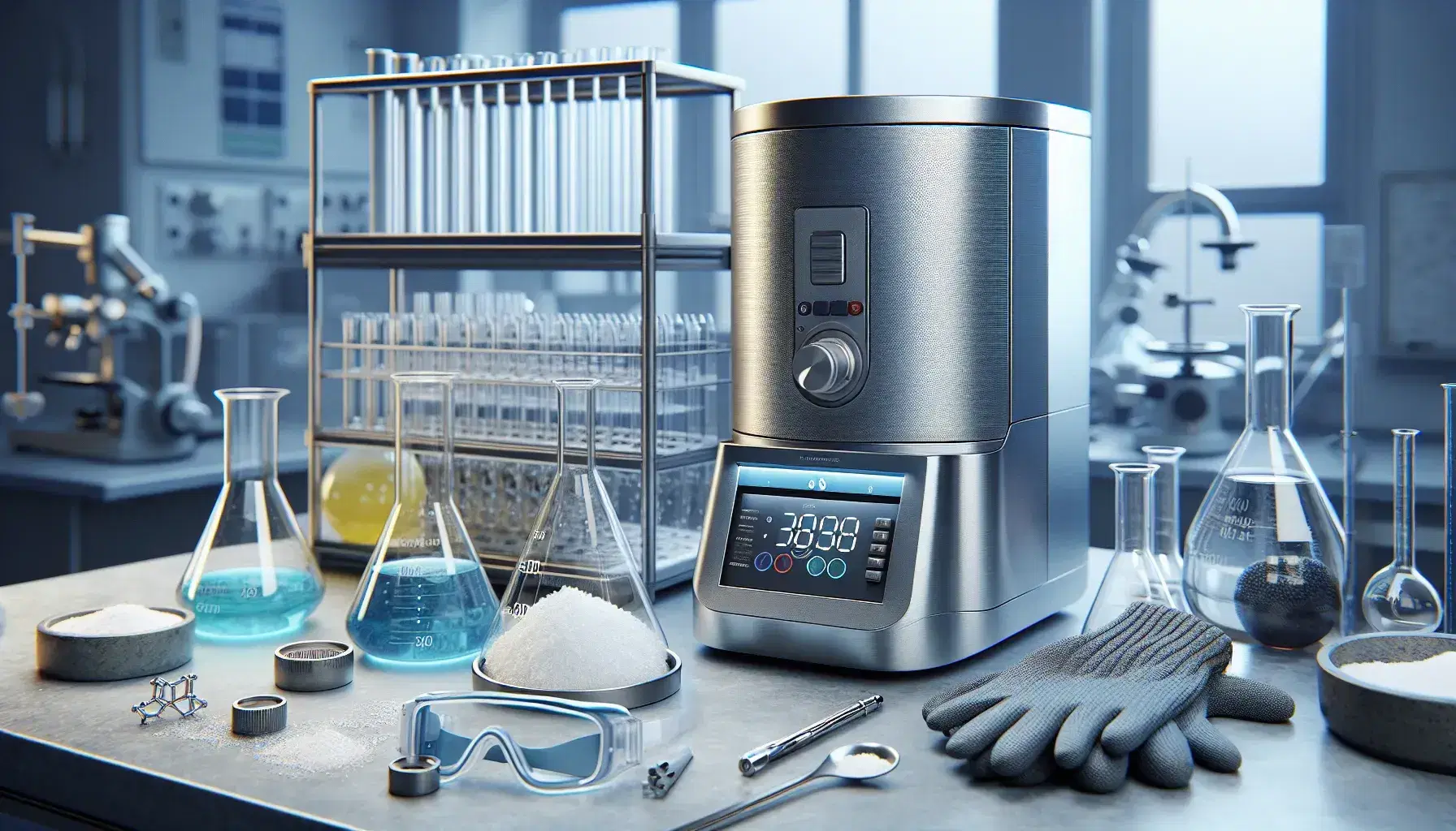 Laboratory bench with turned off modern calorimeter, beaker with colored liquids, safety glasses, insulating gloves and mortar with white powder.