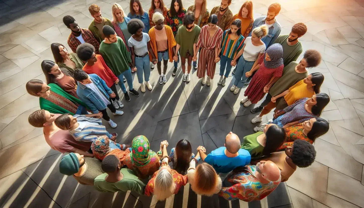 Multi-ethnic group of various ages and genders holding hands in a circle, blurred background with green, expressing unity without distinctive symbols.