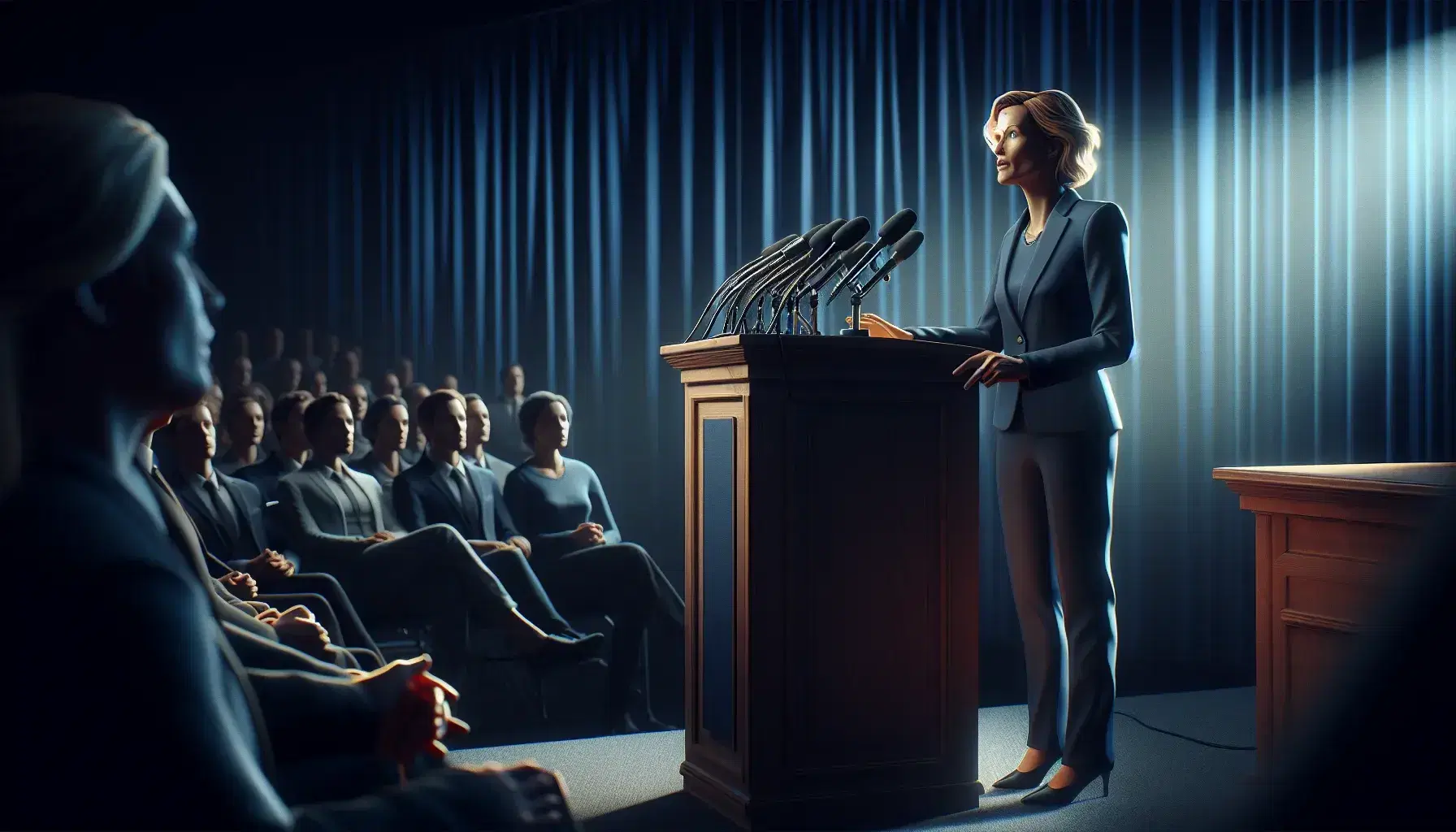 Middle-aged blonde woman in dark blue suit speaking at lectern with microphones on stage, audience in foreground, spotlight on speaker.