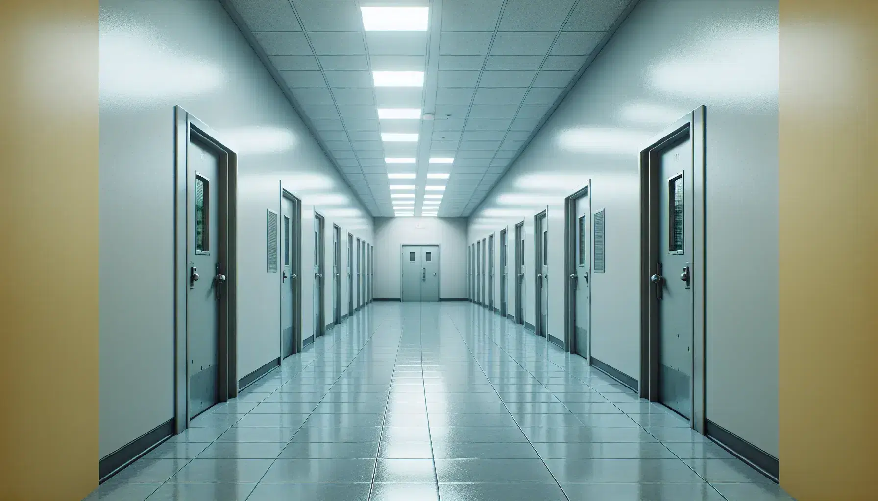 Empty institutional corridor with pale walls, shiny gray tiled floor, closed metal doors and cold fluorescent light.