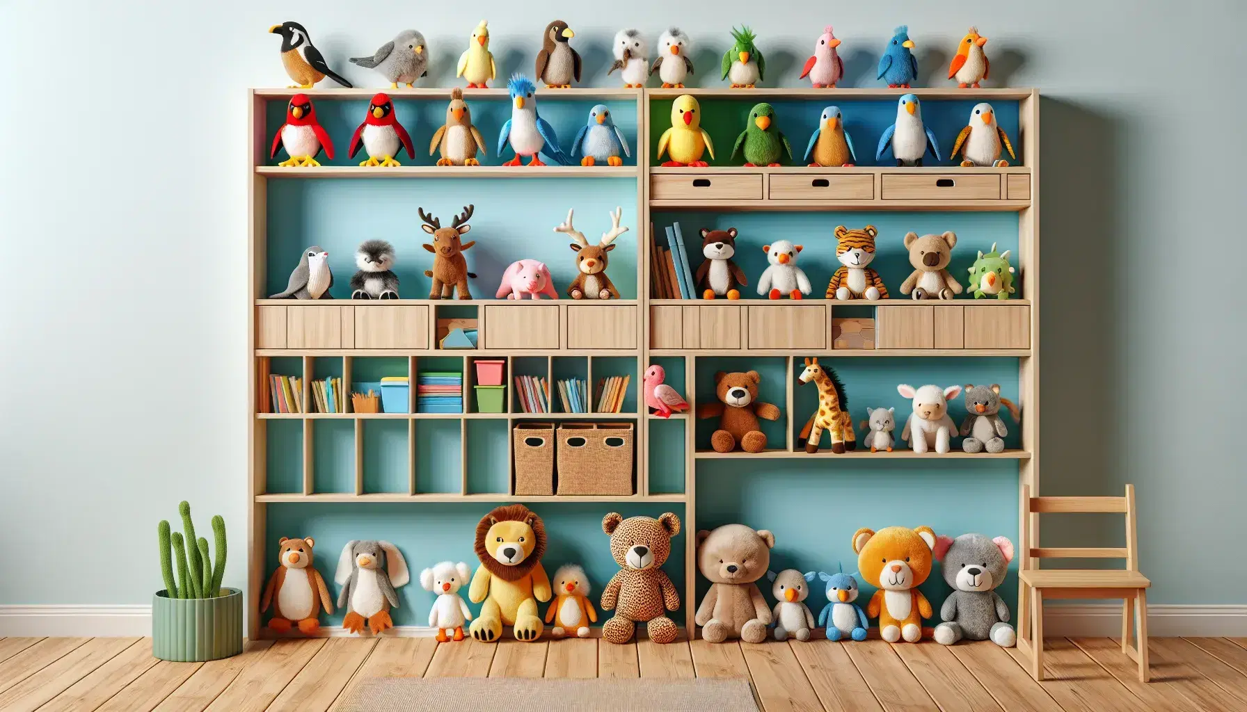 Vibrant classroom with organized shelves of stuffed animals by category, including birds, farm, wild, and sea creatures, and a table with animal figurines.
