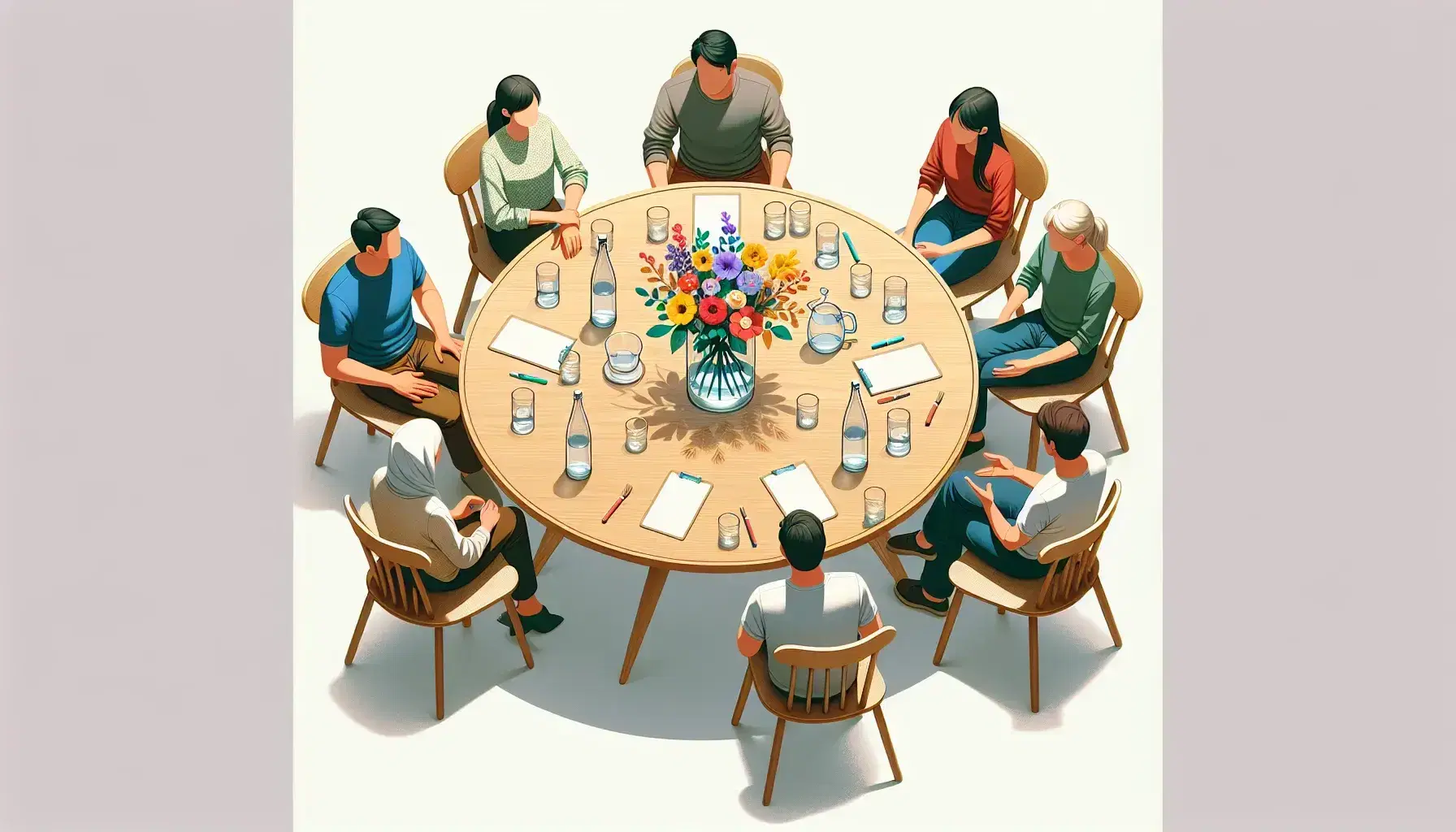 Mesa redonda de madera con cuatro sillas y personas conversando, jarrón con flores coloridas, botella de agua y vasos sobre la mesa.