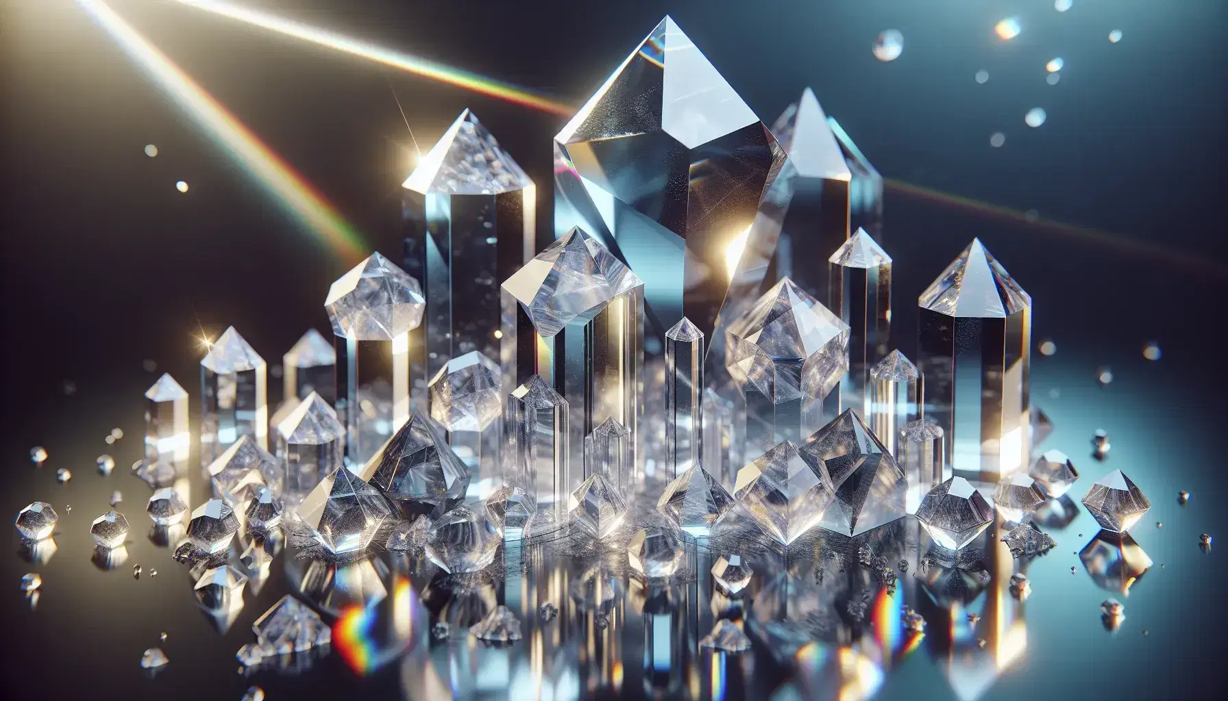 Cristalli trasparenti e lucenti con forme geometriche su piano di vetro che riflette arcobaleni di luce.