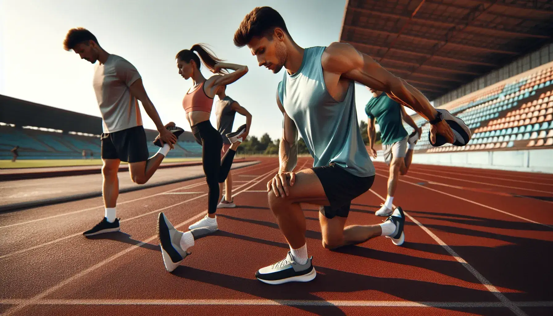 Atletas realizando ejercicios de calentamiento en pista de atletismo al aire libre, con estiramientos de piernas y rotaciones de brazos en un día soleado.