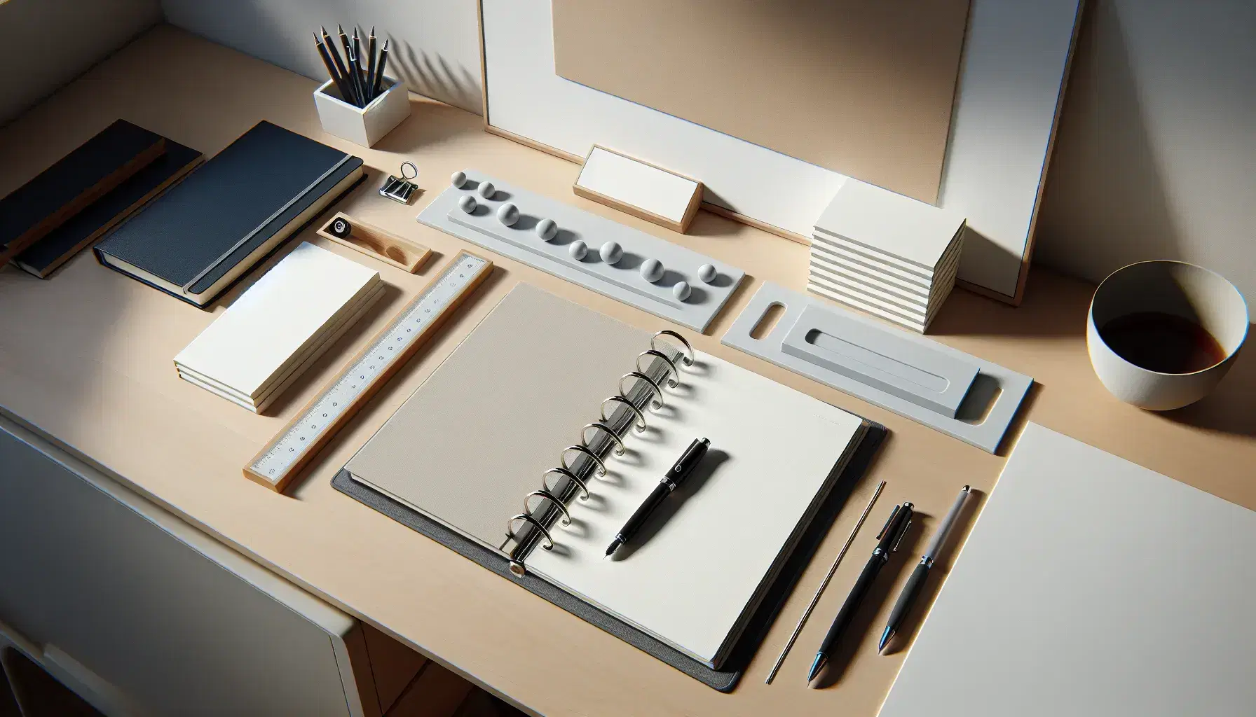 Scrivania in legno chiaro con quaderno ad anelli aperto, penna stilografica nera, righello trasparente, gomma bianca, libro copertina blu e fogli bianchi.