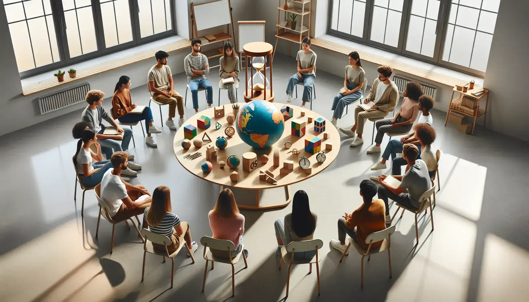 Grupo diverso de estudiantes en discusión activa sentados en círculo alrededor de una mesa con un globo, bloques geométricos y un reloj de arena en un aula iluminada.