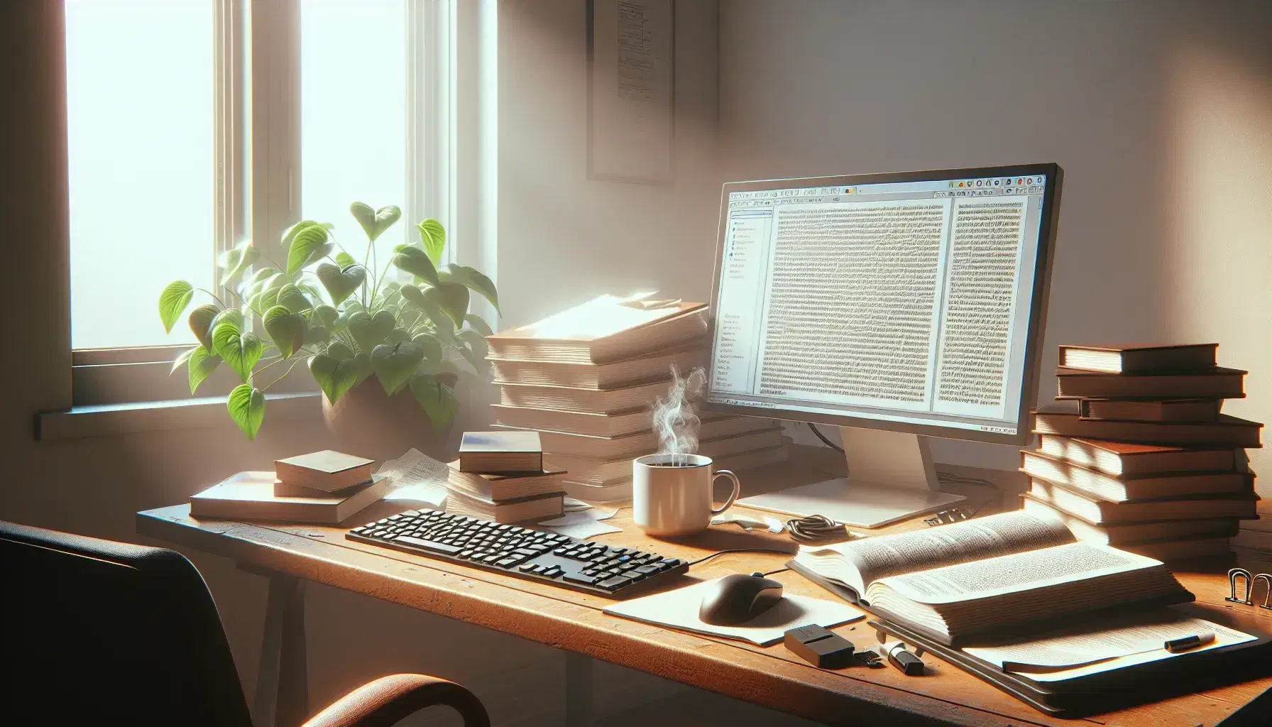 Messy desk with turned on monitor, keyboard, mouse, open book, cup of steaming coffee and green plant in a daylit room.