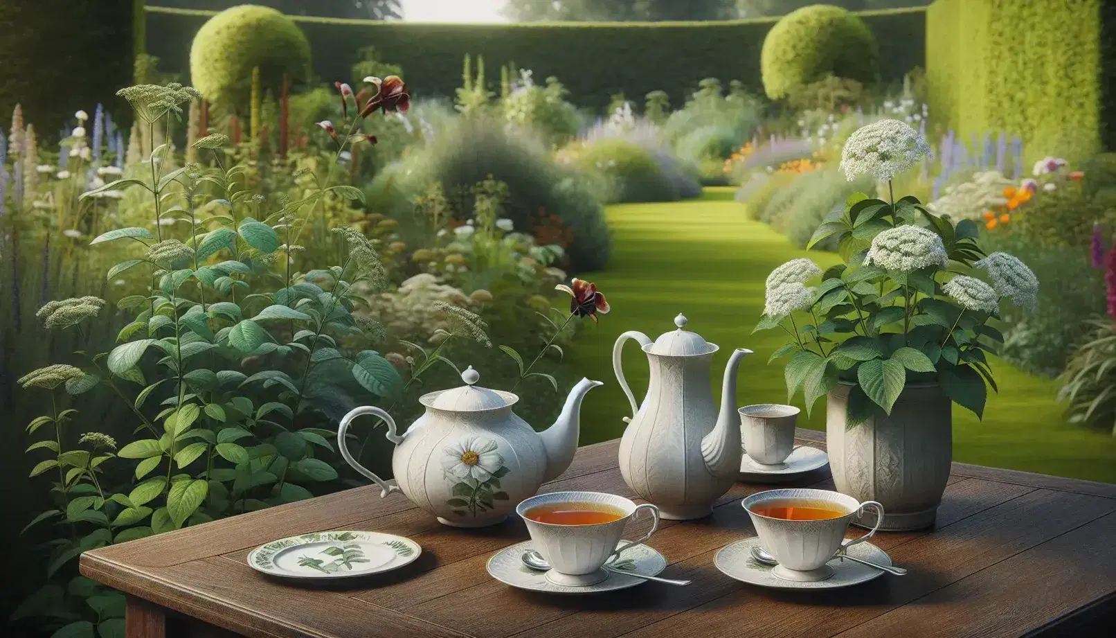 Traditional English tea setting with porcelain teapot and cups on a wooden table in a lush garden with colorful flowers and a clear blue sky.