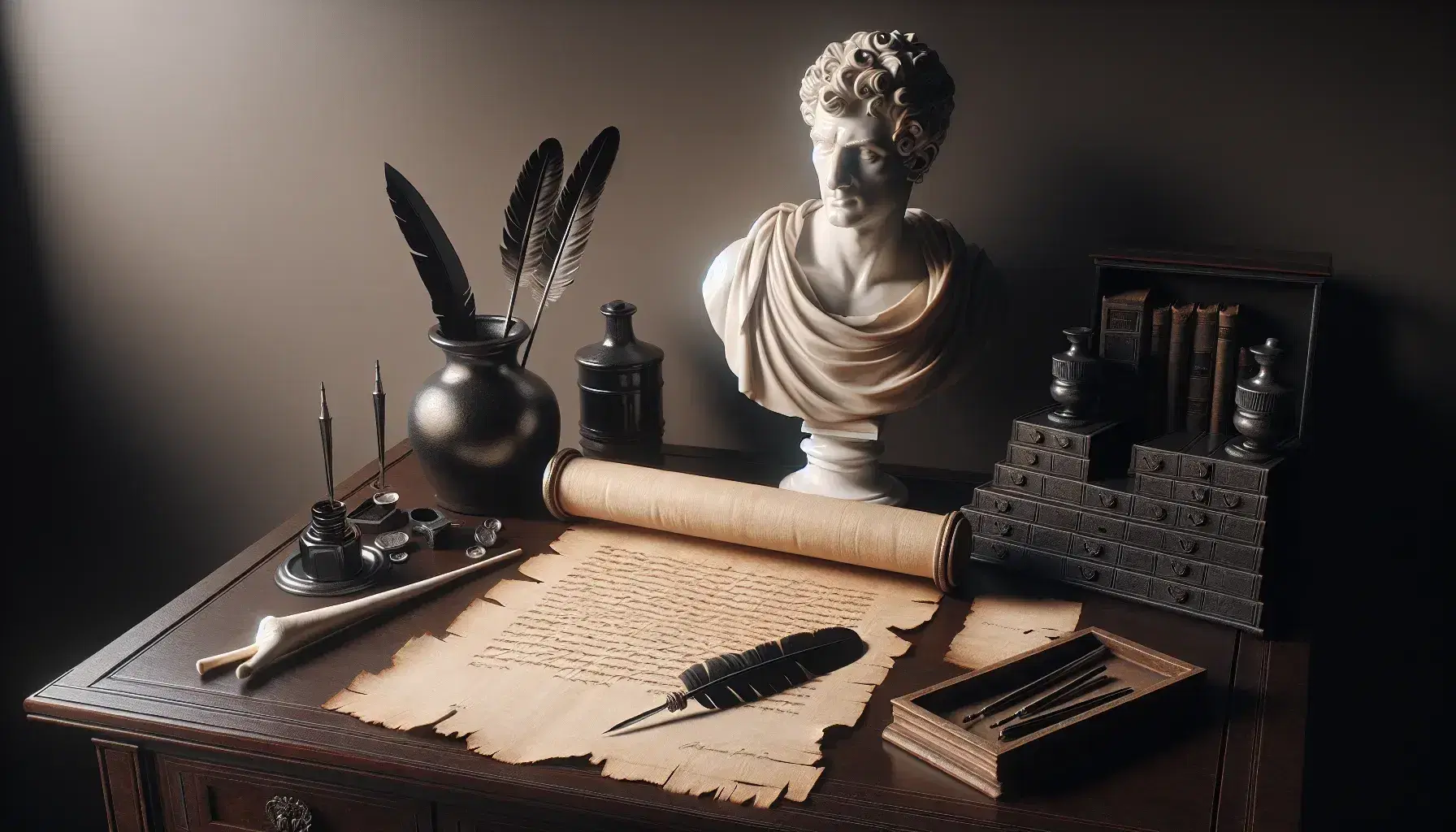 Scrivania in legno scuro con rotolo di papiro, penna d'oca bianca, calamaio ceramico nero, busto marmoreo di uomo e tavoletta cerata con stilo.