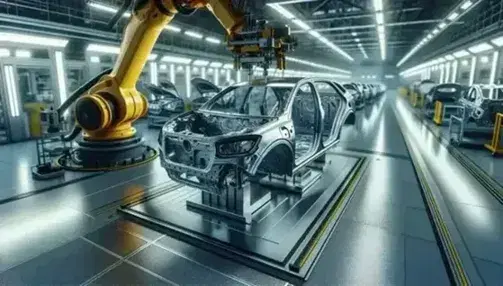 Brazo robótico amarillo manipulando una pieza metálica de carrocería de coche en una planta de producción automotriz, con componentes apilados al fondo.
