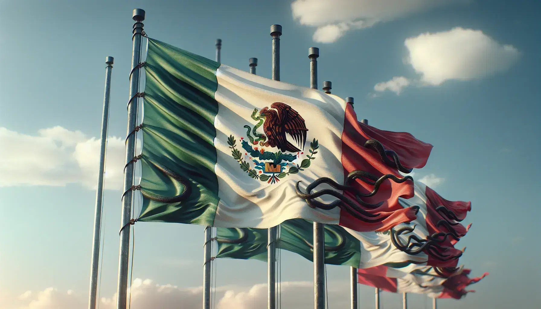 Tres banderas de México ondeando al viento en mástiles metálicos, con el escudo nacional en el centro y un cielo azul con nubes al fondo.