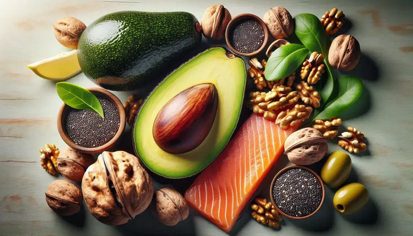 Aguacate cortado, nueces, filete de salmón, semillas de chía y aceitunas negras dispuestos sobre superficie de madera clara, destacando sus colores y texturas naturales.