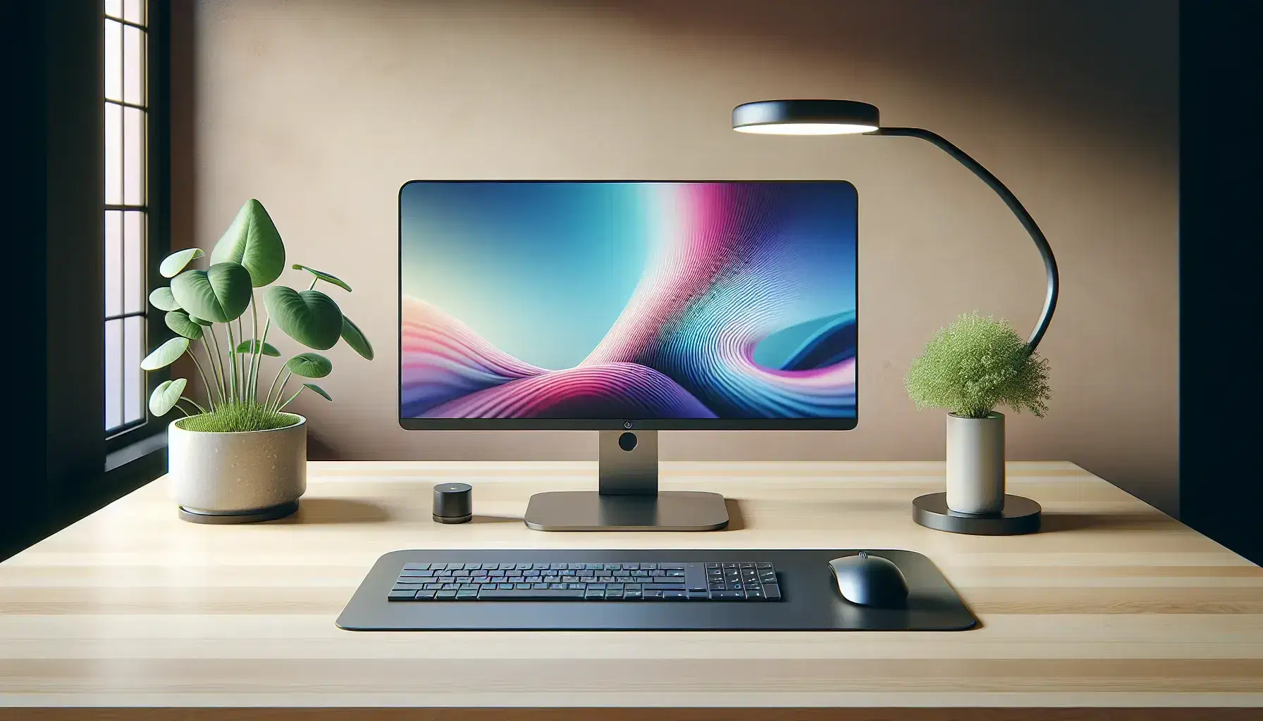 Modern computer station with high resolution monitor, wireless keyboard and mouse on a light wooden desk, designer lamp and green plant.