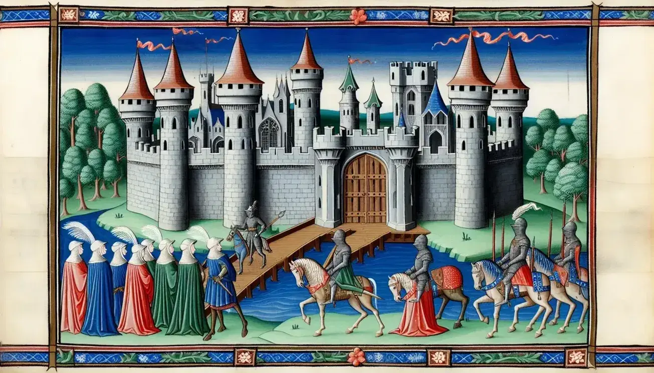 Castillo medieval de piedra con foso y puente levadizo, rodeado de personas en atuendos de época y un caballero a caballo.