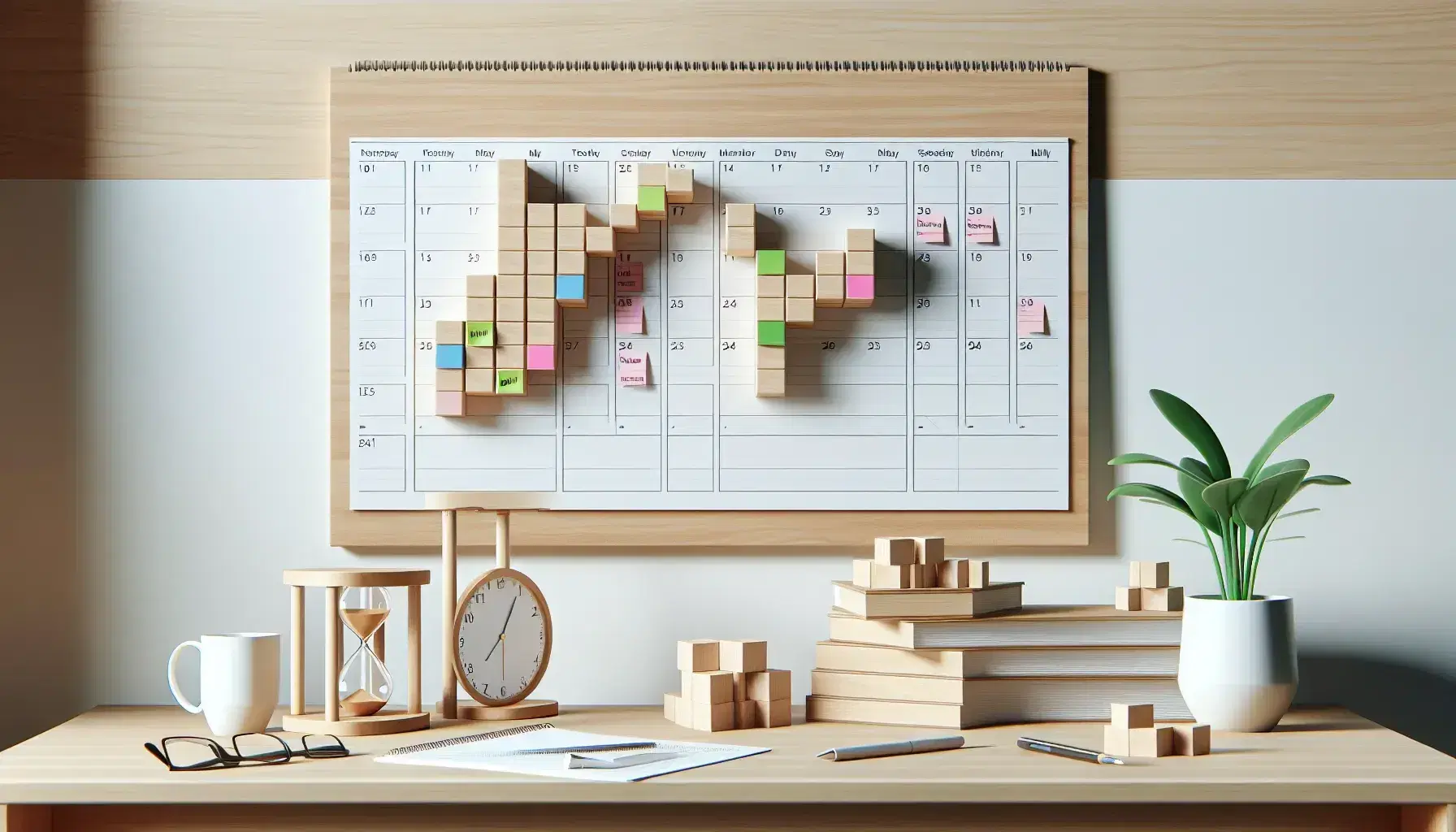 Escritorio de oficina con calendario de pared y notas adhesivas coloridas para gestión de proyectos, reloj de arena, planta y modelo WBS de madera.