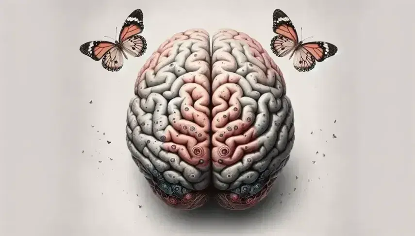 Cervello umano dettagliato su sfondo neutro con tre farfalle colorate che volteggiano sopra, simboleggiano creatività e pensiero.