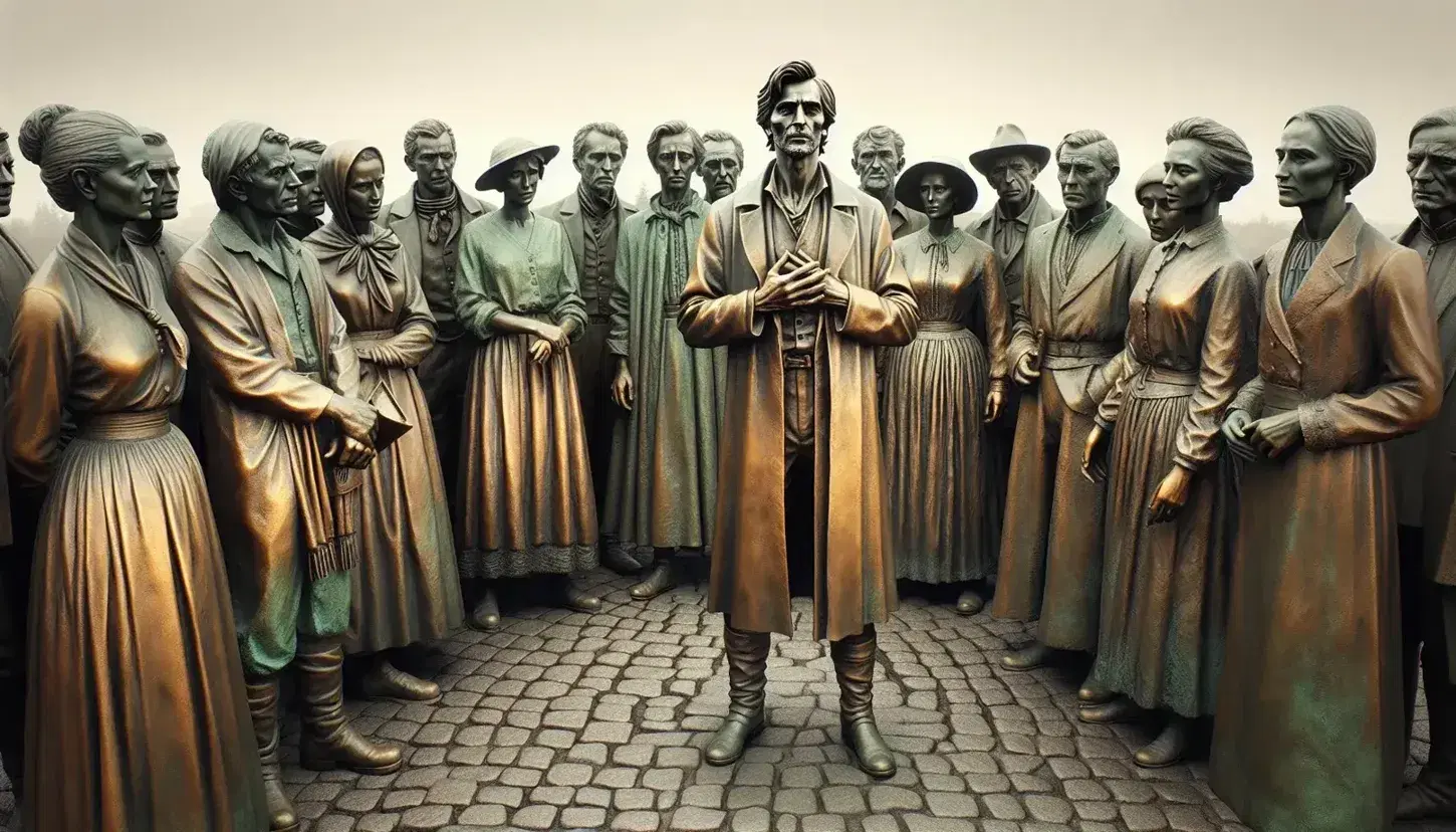 Bronze statues in historical attire form a semi-circle, with a central figure gesturing to an attentive audience, set against a rural backdrop.
