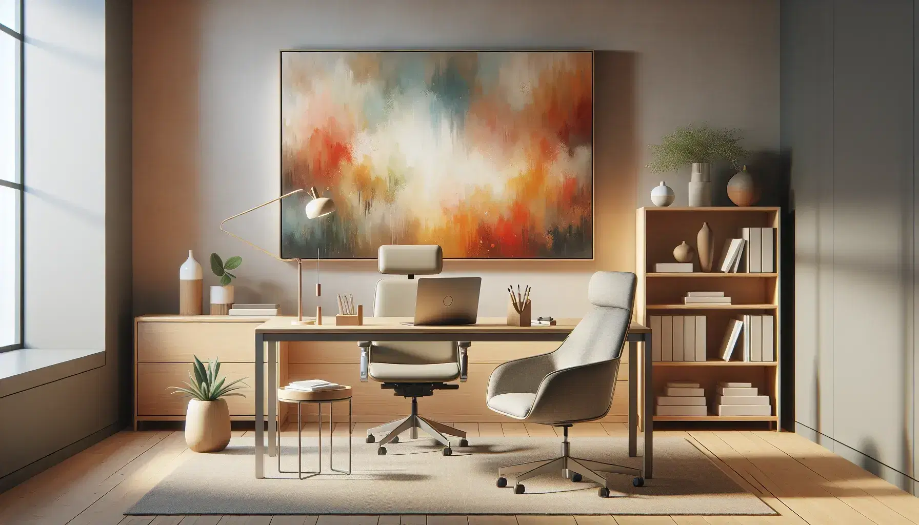 Ufficio moderno e luminoso con scrivania in legno, sedia ergonomica, poltrone per visitatori, quadro astratto colorato e libreria assortita.