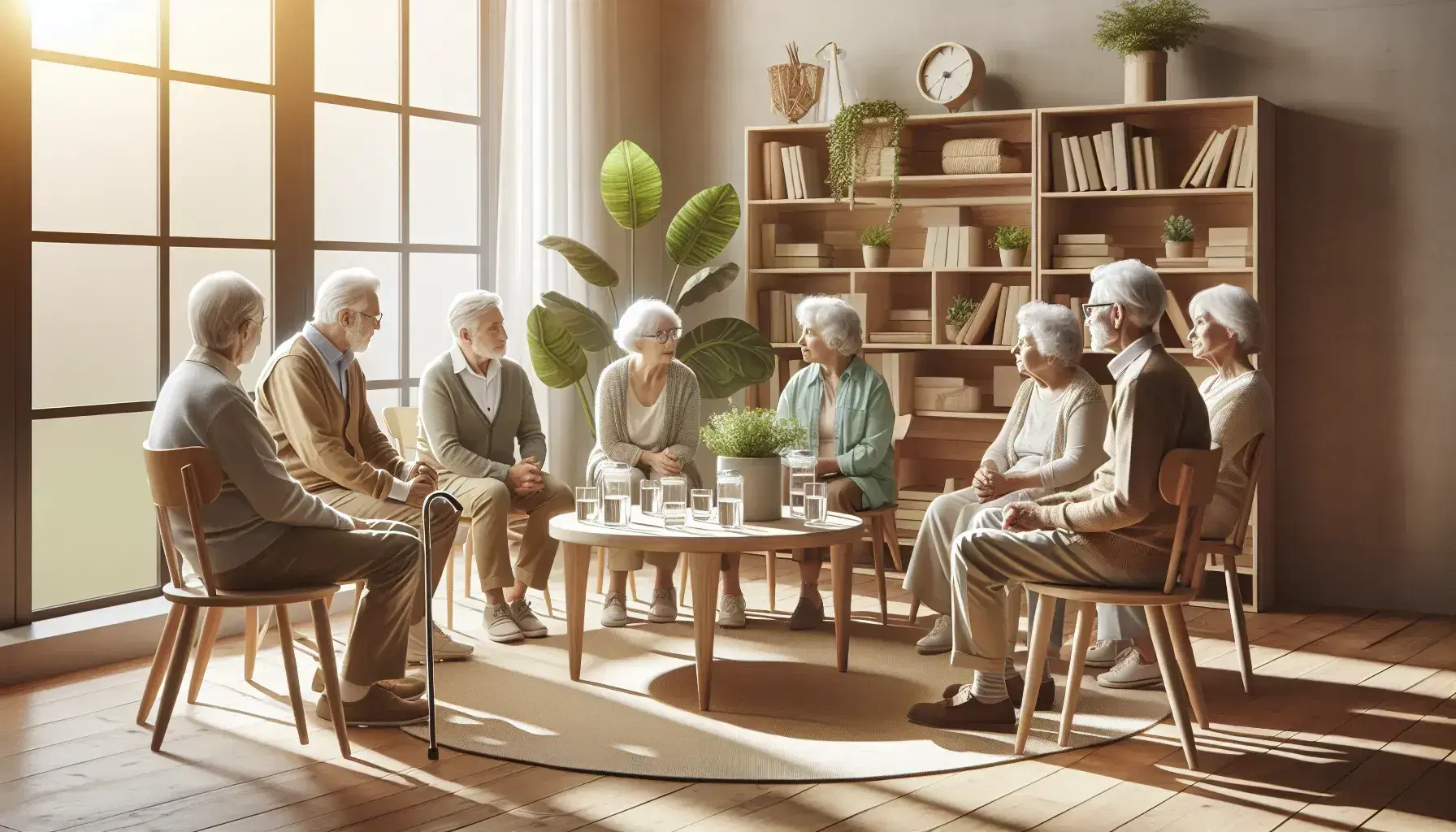 Grupo de personas mayores sentadas en semicírculo en un ambiente acogedor con luz natural, conversando y rodeados de plantas y libros.