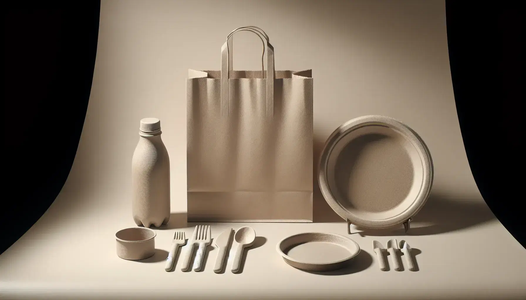 Bolsa de compra biodegradable con cubiertos de material compostable y plato en tonos beige, junto a botella de plástico verde y hojas verdes al fondo.