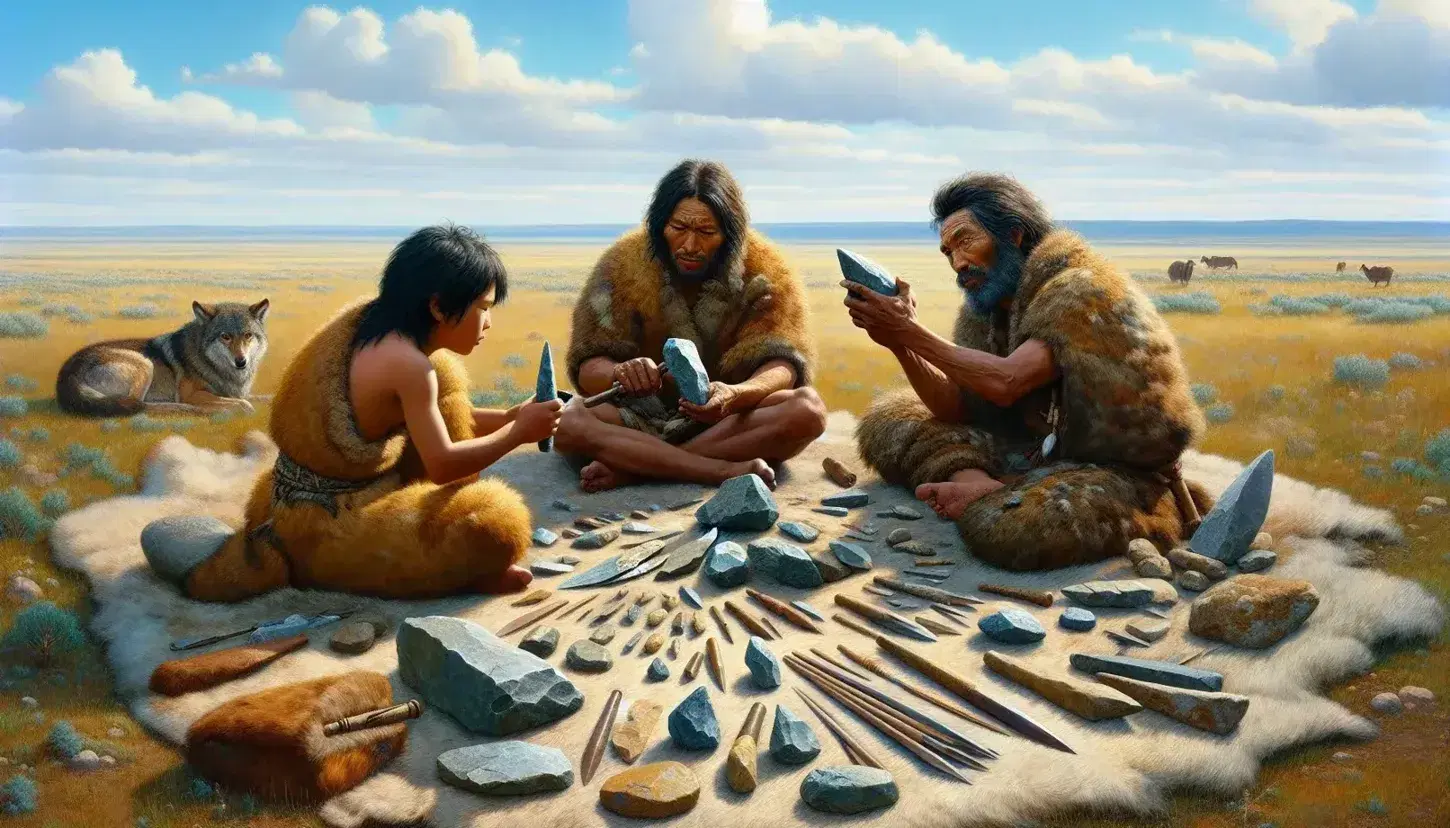 Tres figuras humanas, dos adultos y un niño, visten pieles y elaboran herramientas de piedra en una pradera bajo un cielo azul con nubes, con bisontes al fondo.