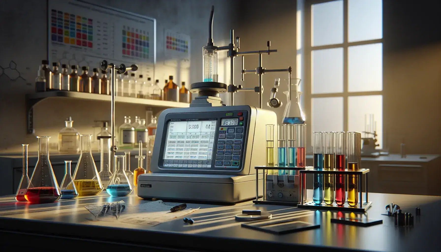 Laboratorio de química analítica con espectrofotómetro central, tubos de ensayo con líquidos coloridos y balanza analítica digital, reflejando limpieza y profesionalismo.