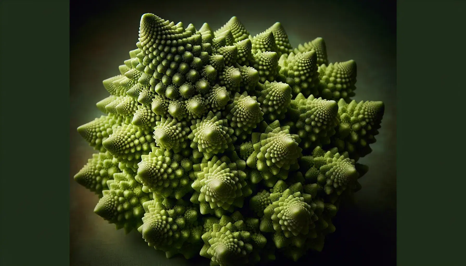 Close-up view of vibrant green Romanesco broccoli with natural fractal patterns, highlighting the spiral conical florets and intricate details.