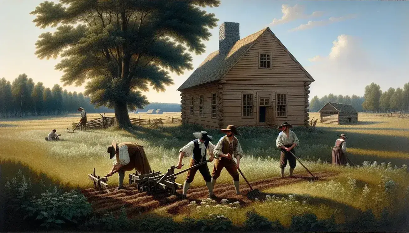 Escena colonial al aire libre con tres personas en ropa de época trabajando la tierra, estructura de madera al fondo y árbol frondoso.