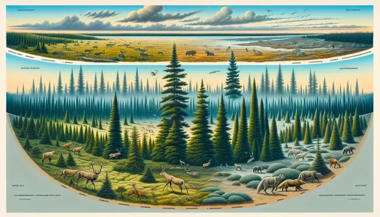 Paesaggio con biomi terrestri, dalla tundra con vegetazione bassa a sinistra, alla taiga con conifere, fino alla foresta temperata e fauna varia a destra.