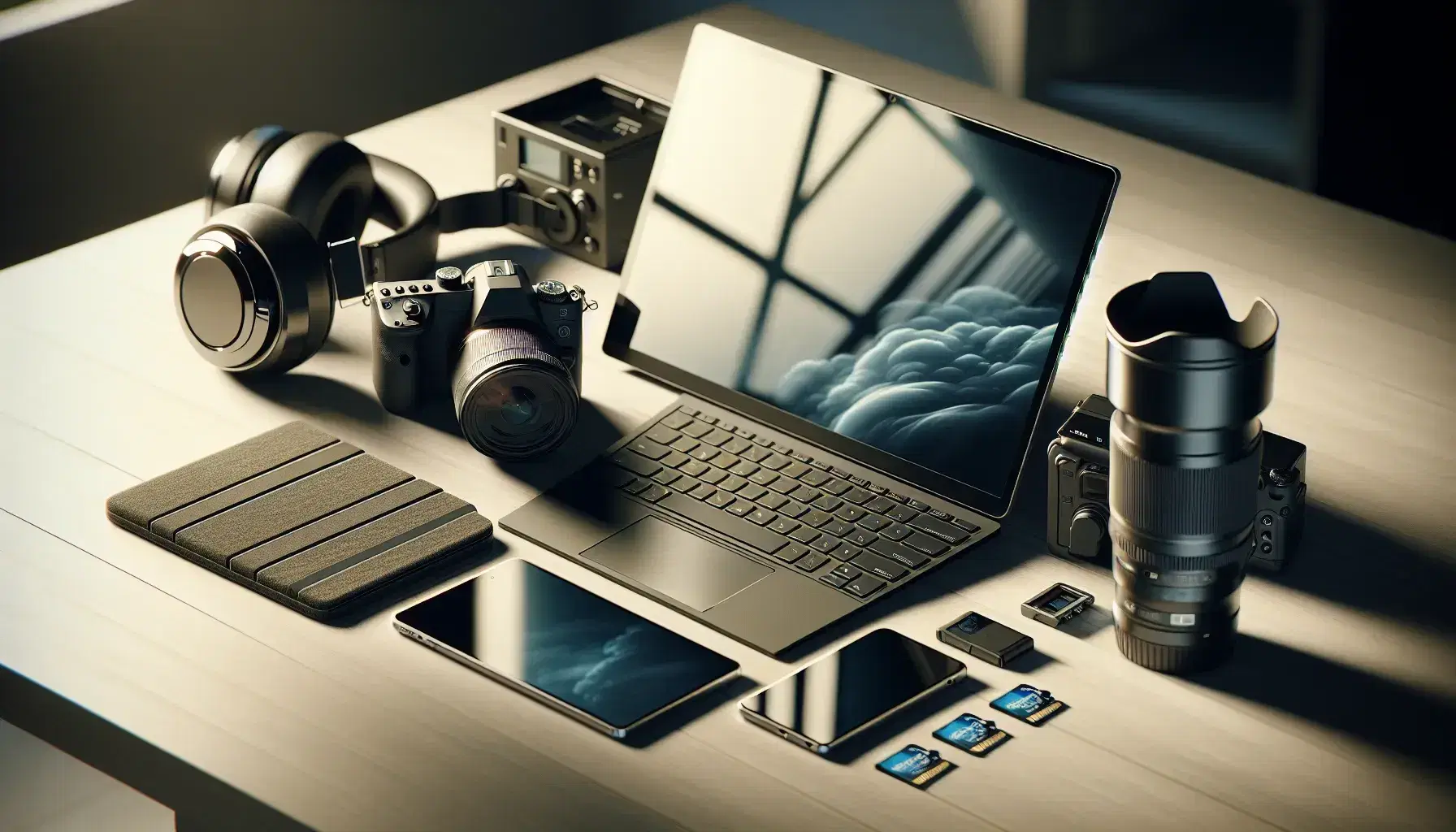 Laptop aperto, tablet con copertina grigia, smartphone metallico, cuffie nere e fotocamera DSLR su superficie in legno chiaro con SD card blu.